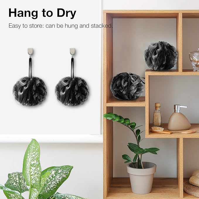 Bath Shower Loofah Sponge 60g Bath Mesh Pouf Shower Ball Body Scrubber Exfoliating Bath Sponge for Women and Men, Set of 4, Black