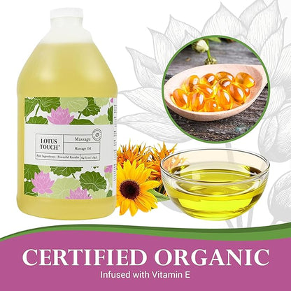 Organic Naturals Massage Oil by Lotus Touch - 100% Certified Organic - High Glide, Easy Workability - Pure Flax Seed, Olive Oil, Jojoba Oil, Shea Butter, Vitamin E Nourish and Protect Skin 1/2 Gallon