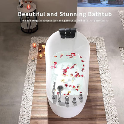 Empava 59 Inch Acrylic Freestanding Whirlpool Tub, Hydromassage Gracefully Oval Shaped Whirlpool 7 Water Jets Soaking SPA, Lumbar and Neck Support, Black Pillow, ETL Certified, White