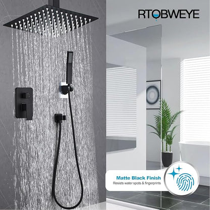 8 Inch Shower Faucet Set Ceiling Mount, High Pressure Rainfall Shower System, Square Rain Shower Head with Handheld Spray Combo, Ceiling Luxury Rainfall Shower Fixtures Matte Black (L-Style)