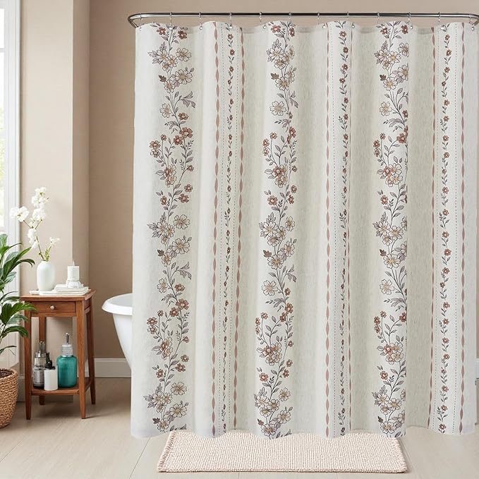 ORTIGIA Farmhouse Floral Shower Curtains for Bathroom Linen Boho Vintage Shower Curtain Set with Metal Hooks Waterproof Block Print Rustic Fabric Bath Curtain for Home, Weighted, 72x72