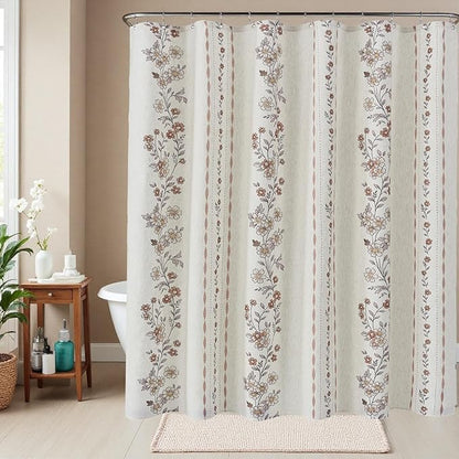 ORTIGIA Farmhouse Floral Shower Curtains for Bathroom Linen Boho Vintage Shower Curtain Set with Metal Hooks Waterproof Block Print Rustic Fabric Bath Curtain for Home, Weighted, 72x72