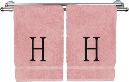 Monogrammed Hand Towel, Personalized Initial Gift, Extra Absorbent 100% Turkish Cotton - Soft Terry Finish - Set of 2 - Black Block Initial H - Embroidered on Pink Towels