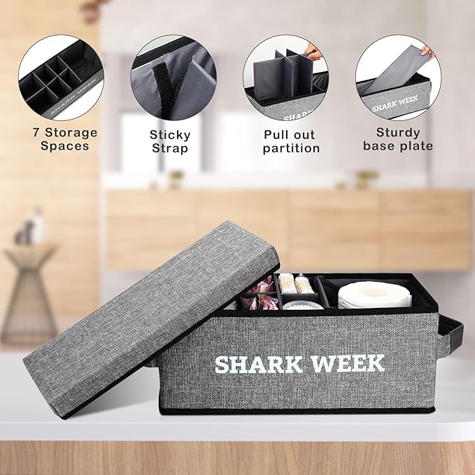 Tampon Holder for Bathroom, Bathroom Storage Containers with Lid, Adjustable Divider Feminine Product Organizer, Tampon Organizer, Bathroom Accessories Decor Boxes (Grey Printed SHARK WEEK, 1-Pack)