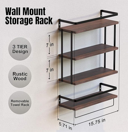 RICHER HOUSE 3+1 Tier Wall Mounted Floating Shelves Set of 2, Rustic Wood Wall Shelf with Metal Frame, Extra Storage Rack for Bathroom, Kitchen, Bedroom with Tissue Rack & Towel Bar - Rustic Brown