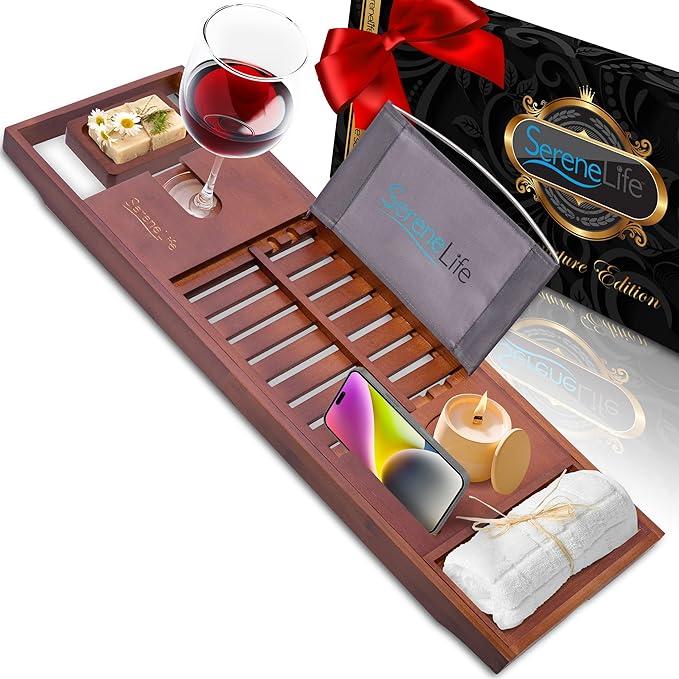 SereneLife Natural Bamboo Bathtub Caddy - Extendable & Adjustable Tray, Ergonomically Designed with Integrated Device/Book Holder with Removable Trays for Bath Accessories (Brown)
