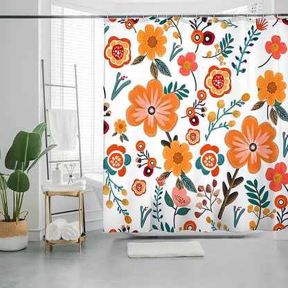 Bohemian Shower Curtain, Boho Floral Print Water Repellent Polyester Fabric for Bathroom Decor, 72×72 Inch Standard Size with 12 Hooks, Also as Room Divider