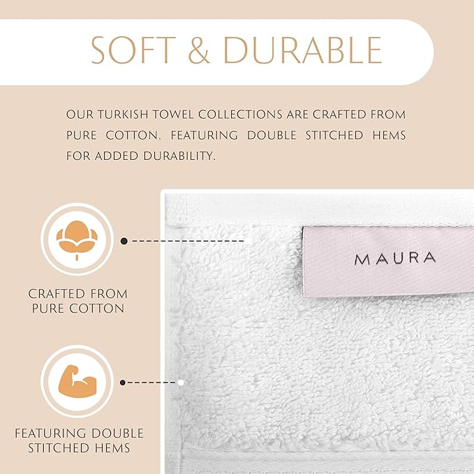 MAURA White Bath Towel Set of 8 for Bathroom. Turkish Cotton Luxury Bath Towels. Extra Large, Thick, Plush & Soft. Hotel & Spa Quality - White