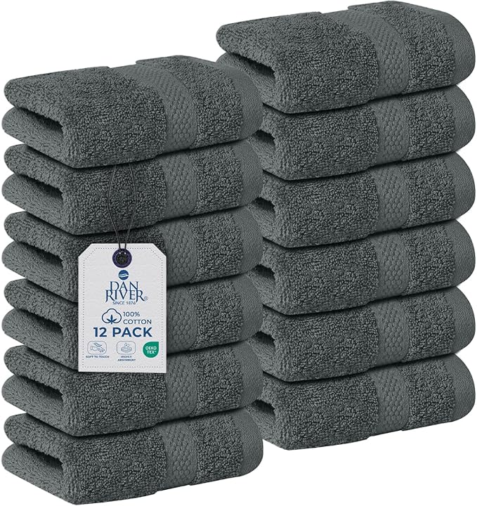 DAN RIVER 12-Pack Premium 100% Cotton Gray Face Towels – Reusable Face Towel Set, Soft & Absorbent Cotton Cloths for Bathroom & Body – Hand and Face Towels, 550 GSM (12x12 in)