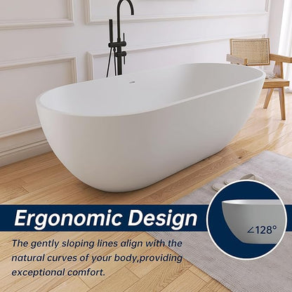 69'' Freestanding Tubs Bathtub Solid Surface Resin Stone Bathtubs soaker Tubs Oval Shaped Matte Luxury Modern Soaking Tub with Overflow and Pop-up Drain - White…