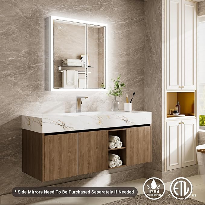 36x30 Beveled Lighted Medicine Cabinet with Mirror & Lights, Surface or Recessed Mirrored Medicine Cabinet with Outlet & Clock, Anti-Fog Dimmable LED Storage Cabinet, Built-in Sensor Light