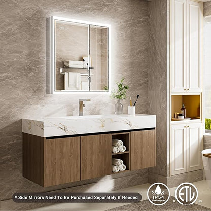 36x30 Beveled Lighted Medicine Cabinet with Mirror & Lights, Surface or Recessed Mirrored Medicine Cabinet with Outlet & Clock, Anti-Fog Dimmable LED Storage Cabinet, Built-in Sensor Light