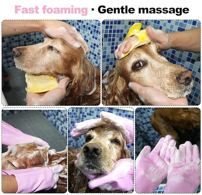 2-in-1 Pet Grooming Gloves and Brush,Dog and Cat Bath Scrubber Silicone Gloves Large