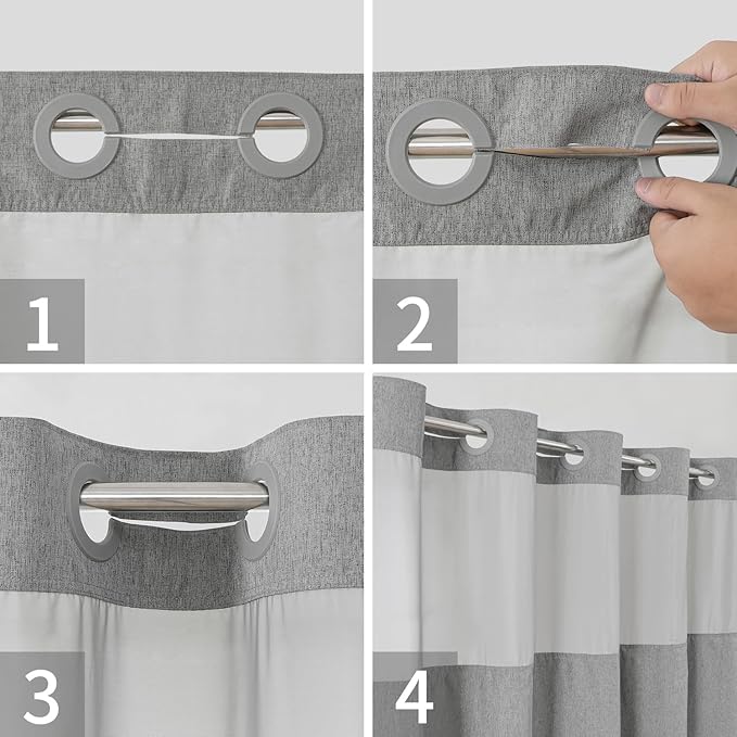 No Hooks Needed Linen Textured Shower Curtain with Snap-in Fabric Liner Set,Grey Hotel Luxury Decor Shower Curtains for Bathroom,Waterproof & Washable,71Wx77H