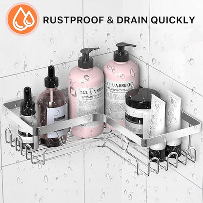 KEGII Corner Adhesive Shower Caddy, Rustproof Shower Shelf with Soap Holder & 14 Hooks, No Drilling Bathroom Rack Storage, Stainless Steel Organizer for Bathroom