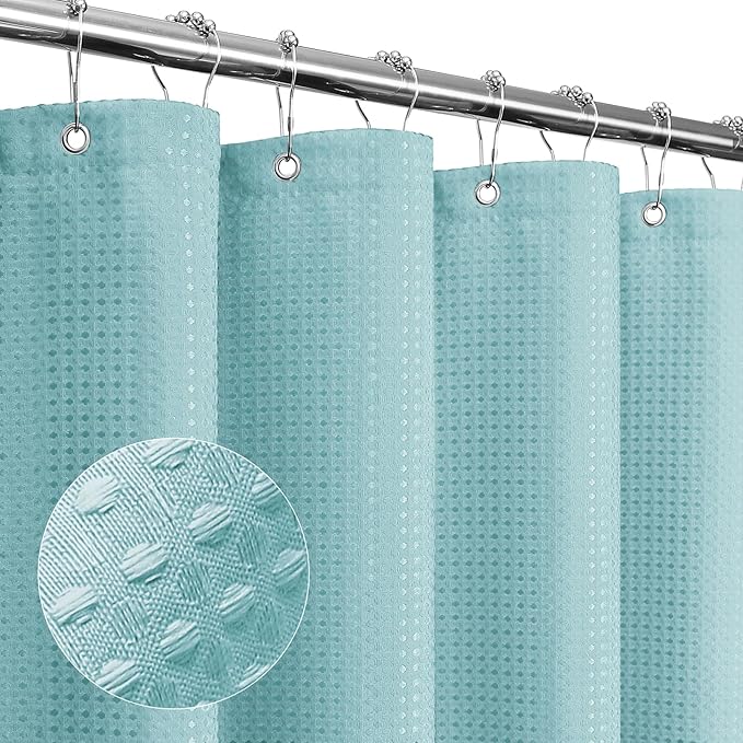Gibelle Extra Long Shower Curtain 72 x 84, Tall Waffle Weave Textured Fabric Shower Curtain for Bathroom, Water Repellent, Machine Washable, Teal