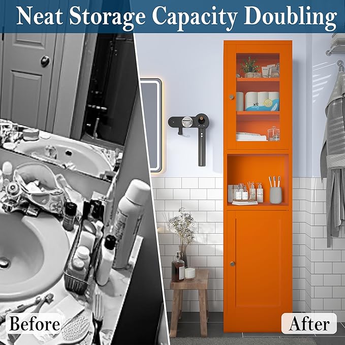 COFaR 67" Tall Metal Bathroom Storage Cabinet,6-Tier Narrow Cabinet with Glass Doors and Adjustable Shelves,Linen Cabinet for Small Spaces,Tall Cabinet for Bathroom,Living Room,Orange