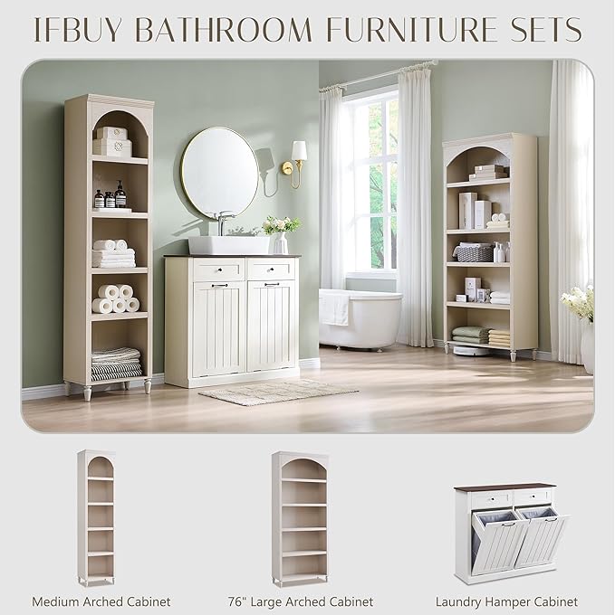 76" Tall Arched Bathroom Storage Cabinet, 5 Tiers Large Farmhouse Arched Cabinet w/Adjustable Shelves, Modern Wooden Storage Cabinet for Bathroom, Living Room, Entryway, Study Room (Cream)