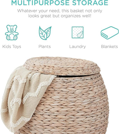 Best Choice Products Multipurpose Hyacinth Storage Basket, Plant Décor, Handwoven Organizer Tote for Bedroom, Living Room, Nursery, w/Lid - Whitewash