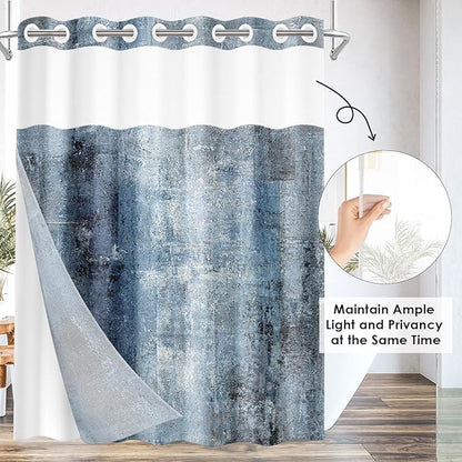 No Hook Grey Navy Blue Painting Shower Curtain with Snap in Fabric Liner Set, Abstract Double Layers Waterproof Fabric with See Through Top Window Open Grommet Bath Curtain 71x74 Inch