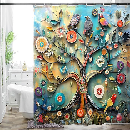 Bohemian Shower Curtain, Boho Floral Print Water Repellent Polyester Fabric for Bathroom Decor, 72×72 Inch Standard Size with 12 Hooks, Also as Room Divider