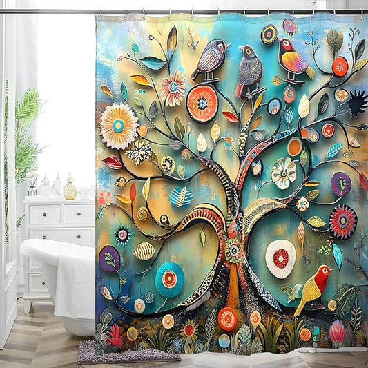 Bohemian Shower Curtain, Boho Floral Print Water Repellent Polyester Fabric for Bathroom Decor, 72×72 Inch Standard Size with 12 Hooks, Also as Room Divider
