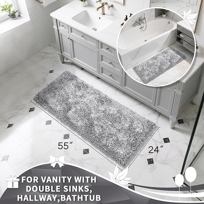 Yimobra Long Bathroom Rugs Runner 55x24 Inch, Extra Thick Soft Absorbent Chenille Bath Mat, Non Slip Machine Washable, Quick Dry Bath Rugs for Bathroom Floor, Tub and Shower, Light Grey