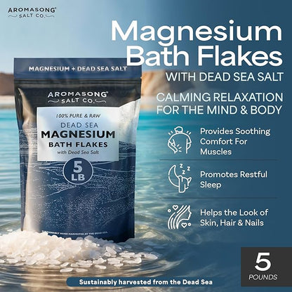 Aromasong Raw Magnesium Flakes for Bath + Dead Sea Salt for Soaking - 5 Lb Resealable Pack Magnesium Chloride Flakes - Organic Bath Salt Relaxing Mineral Soak (Packaging May Vary)