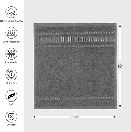 Melissa Linen, 4 Piece Washcloth, 100% Turkish Cotton Towel Set for Bath and Kitchen, 12 in x 12 in, Absorbent, Quick Dry, Durable and Soft, Wash Rags, Dark Gray