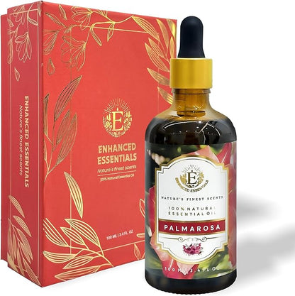 Luxurious Palmarosa Essential Oil by Enhanced Essentials| Slow Distilled & Pure| for Home,Diffusers,Skin & Hair Care,Aromatherapy,Bath,Perfume,Soap & Candle Making|with Glass Dropper|100 ml