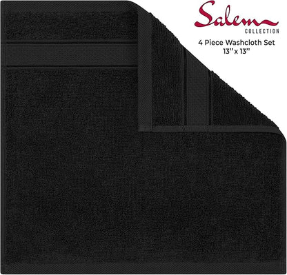 American Soft Linen Salem Washcloth Sets, 4 Piece Luxury 600 GSM 100% Cotton Washcloths for Bathroom, 13x13 inches Washrags Premium Quality Hand Face Towels, Black