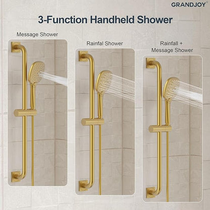 Brushed Gold 10 Inch Rainfall Shower System with Handheld Spray & Adjustable Slide Bar, Wall Mount Bathroom Shower Faucet Set, Valve Included