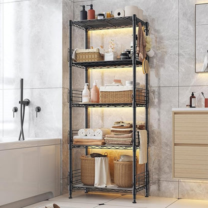 5 Tier Metal Shelving Unit Pantry Storage Shelves with Side Blockers Adjustable Metal Wire Shelf with Hooks & Shelf Linker Standing Storage Rack for Kitchen Pantry Bathroom Closet,13.8"Dx21.7"Wx59.1"H