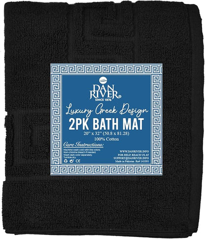 DAN RIVER Greek Cotton Bath Mats Set of 2 – Not a Bathroom Rug, Ultra Soft, Highly Absorbent & Machine Washable Bath Mat Towel for Bathroom Floor Mat – Durable, Quick-Dry, 21x34 Inches, Black