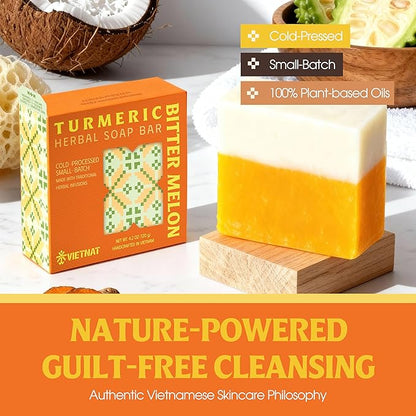 Turmeric & Bitter Melon 2-in-1 Luxurious Natural Soap Bar (4.2 oz) | Herbal Freshness & Gentle Refreshing Cleanse | Cold-Processed, Handmade in Vietnam