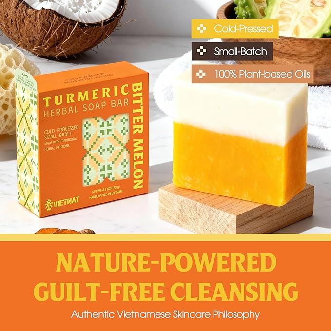 Turmeric & Bitter Melon Soap Bar (Pack of 3) – 2-in-1 Cleansing & Balancing, Cold Process Handmade Bar with Natural Botanicals, Gentle Soap for Oily Skin