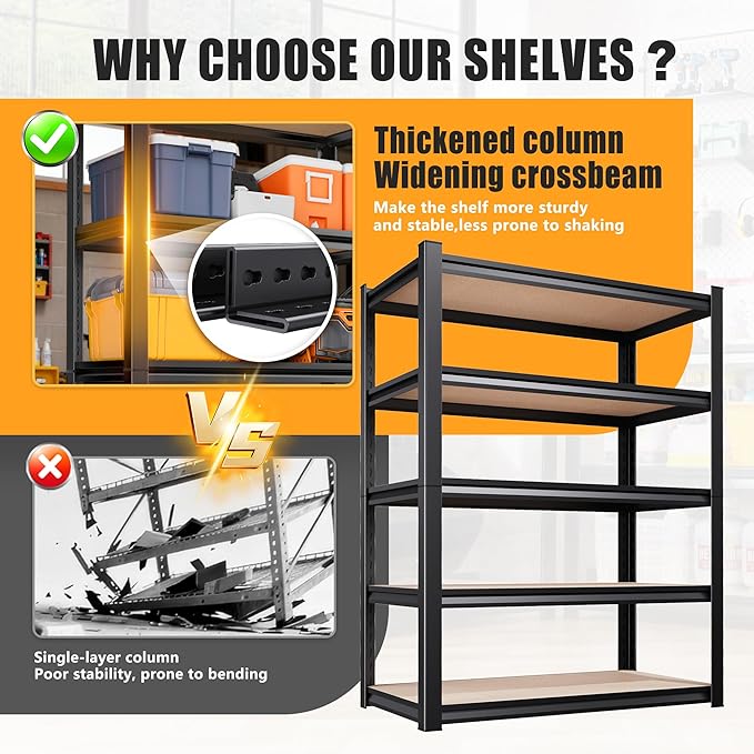 5-Tier Garage Shelving Heavy Duty Storage Shelves, Adjustable Metal Shelving Unit, Utility Garage Organizer Shelf for Basement, Pantry, Kitchen, Warehouse,Supermarket, 16" Dx35 Wx71 H, Black
