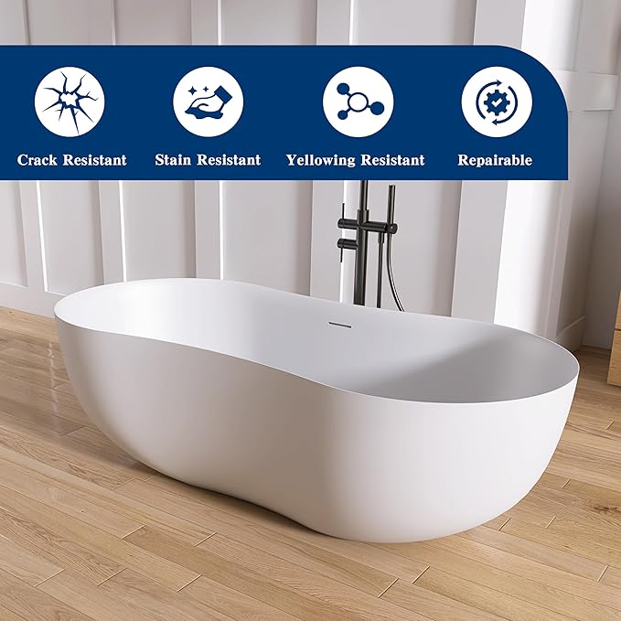 67 Inch Stone Resin Freestanding Bathtub, Contemporary Peanut Oval Stand Alone Soaking Tubs, Solid Surface Bathtub with Drain & Integrated Slotted Overflow Matte White AM331-1700