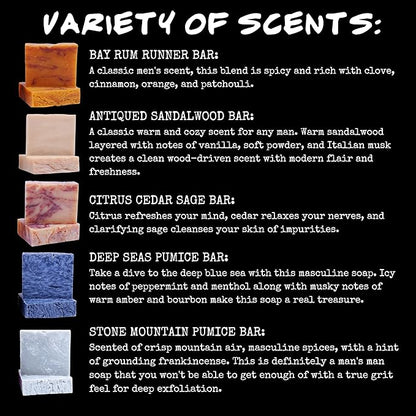 BLUEBYRD SOAP Men's Natural Bar Soap Gift Set (5 Bars) | Masculine Soap Bars Variety Pack - Bay Rum, Citrus Cedar Sage, Sandalwood, Frankincense, Exfoliating Pumice (Mens Original)