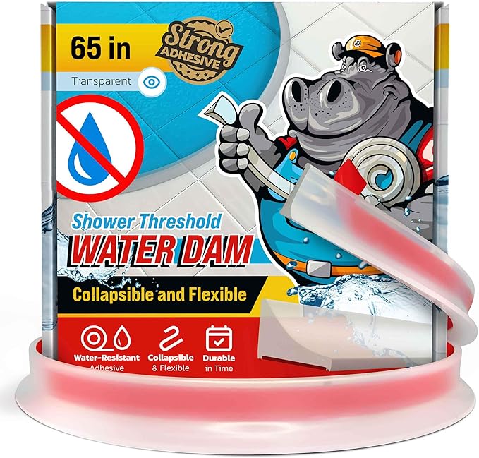 Shower Threshold Water Dam Barrier 65" - Transparent Collapsible Shower Water Blocker - Guard for Walk in Shower - Water Guard Stopper for Floor - Shower Door Water Blocker by Hippo Dam