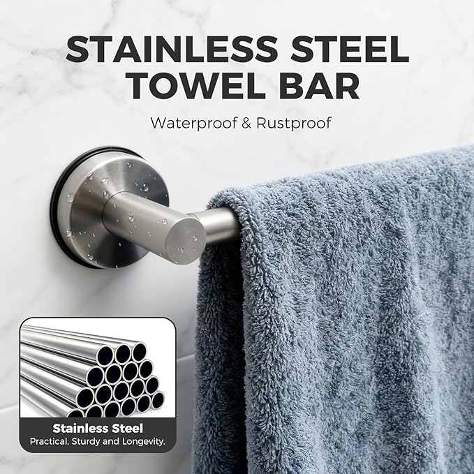 Adjustable Suction Cup Towel Bar for Bathroom Wall,14.6Inch~24 Inch Towel Racks for Bathroom,Stainless Steel Bath Towel Holder for Shower,2 Pack(Brushed Silver)