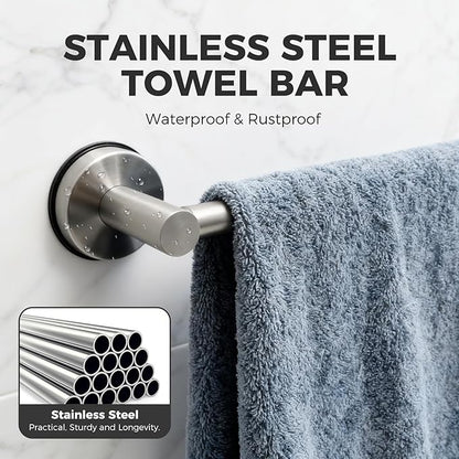 Adjustable Suction Cup Towel Bar for Bathroom Wall,14.6Inch~24 Inch Towel Racks for Bathroom,Stainless Steel Bath Towel Holder for Shower,2 Pack(Brushed Silver)