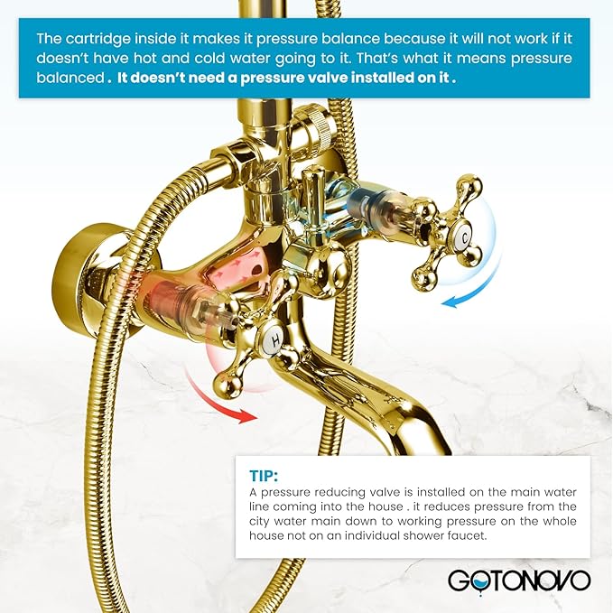 gotonovo Bathroom Classic Exposed Shower Faucet Wall Mount Shower System 8 Inch Luxurious Rainfall Shower Head Set with Tub Spout and Handheld Spray Double Cross Handles Polished Gold