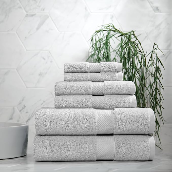 Aston & Arden Egyptian Hand Towels - Pack of 6 - Oversized Ultra Soft Thick & Absorbent, 100% Ringspun Egyptian Cotton Bathroom Towel for Spa, Hotel, 600 GSM, 16 x 30 in, Light Grey