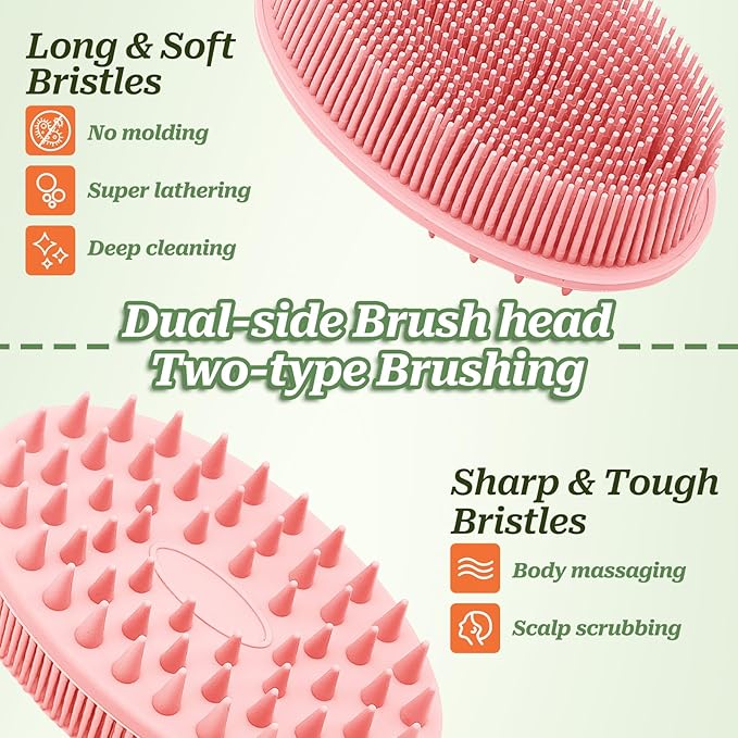 Soft Silicone Body Scrubber 2PCS, Dual-Side Silicone Loofah for Shower, Gentle Loofa Alternative, Replaceable Brush Head to be Used Alone or with Long Handle (Blackx2)
