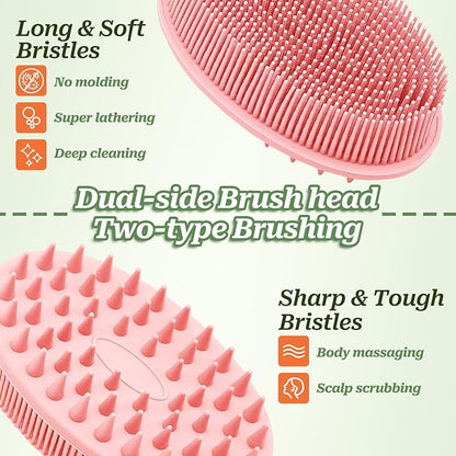 Soft Silicone Body Scrubber 2PCS, Dual-Side Silicone Loofah for Shower, Gentle Loofa Alternative, Replaceable Brush Head to be Used Alone or with Long Handle (Blackx2)
