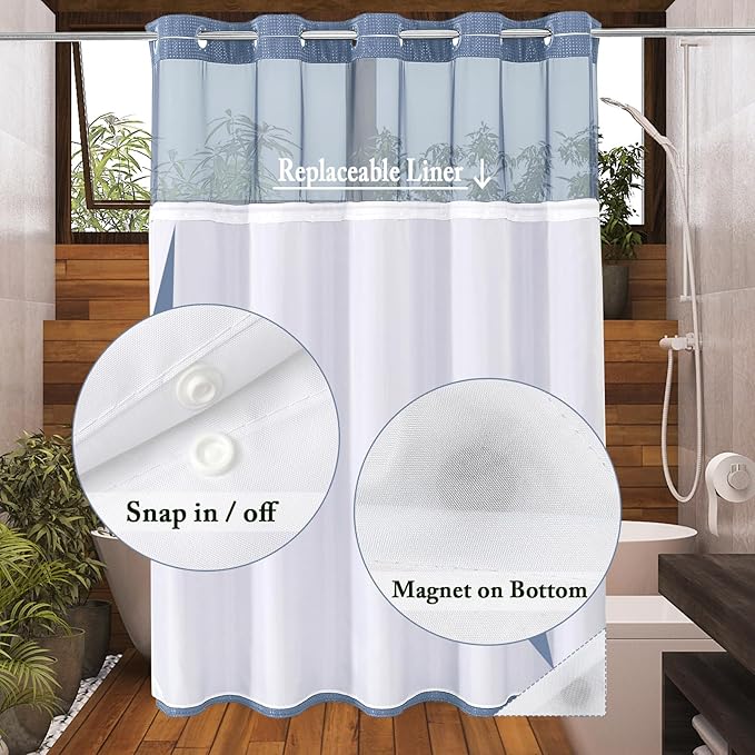Gibelle Extra Long Shower Curtain 72x86, Waffle Weave Bathroom Shower Curtain with Snap-in Fabric Liner Set, No Hooks Needed, Hotel Style with Mesh Top Window, Moonlight Blue