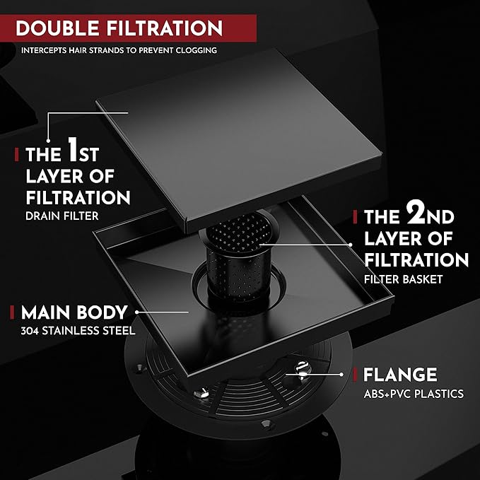 WEBANG 6 Inch Square Shower Drain Black Floor Drain with Flange Reversible 2-in-1 Cover Tile Insert Grate Removable SUS304 Stainless Steel CUPC Certified Matte Black