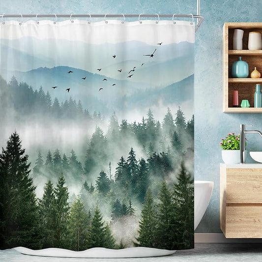 Riyidecor Long Green Shower Curtain 72Wx78H Inch Mountain Scenery Natural Pine Tree View Rustic Scene Landscape Netural Mens Women Bathroom Decor Fabric Polyester Waterproof 12 Pack Hooks