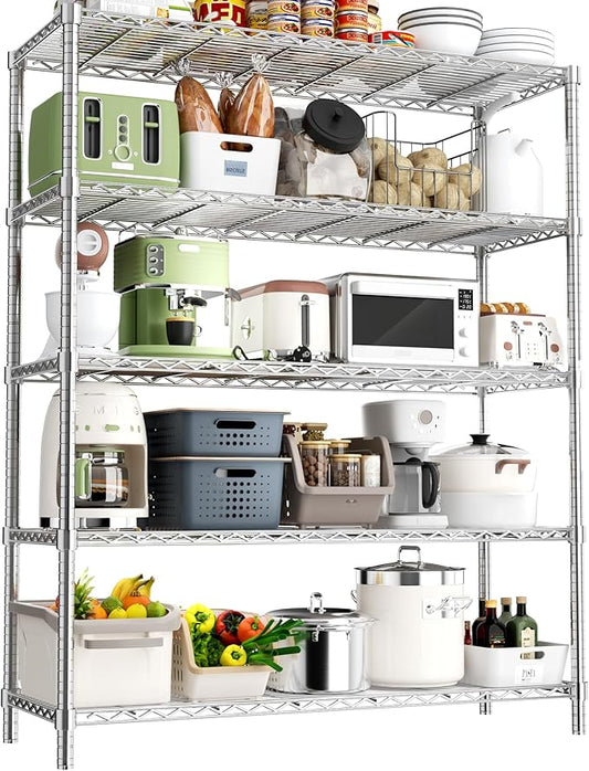 Storage Shelves Heavy Duty, 48" L x 20" W x 72" H Garage Wire Shelving Unit Loads 2000LBS, 5-Tier Adjustable Metal Industrial Utility Shelf Rack for Kitchen, Laundry Room, Pantry, Warehouse, Basement